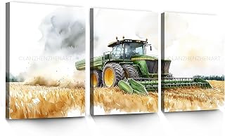 LANZHENZHENART 3Pcs Watercolor Harvester Wall Art Nursery Green Tractor Canvas Painting Prints For Home Dining Room Living Room Wall Decor Poster Artwork(12" x 18" x 3 Panels Framed)