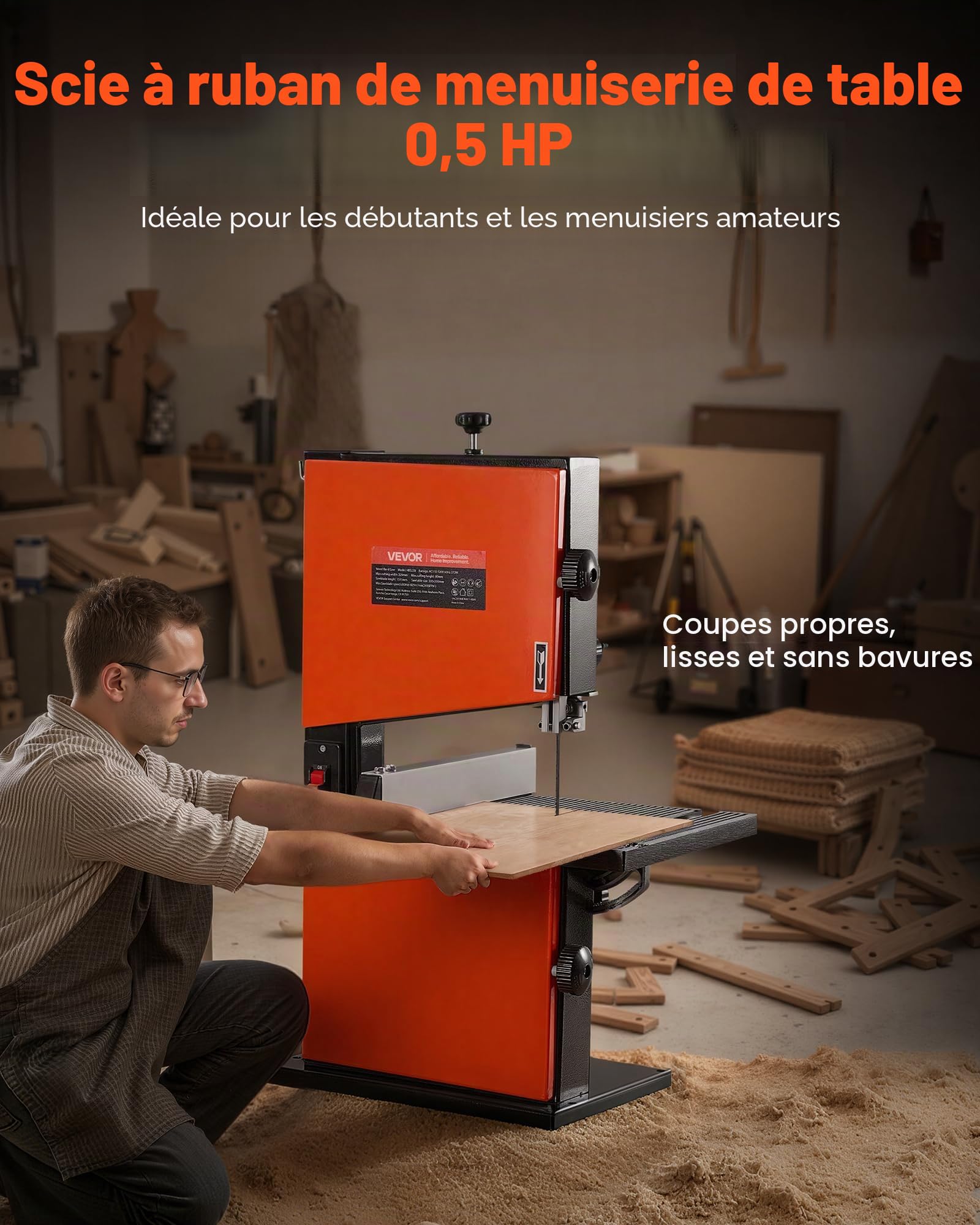 VEVOR Scie à Ruban Bois 373 W, Largeur de Coupe 229 mm, Hauteur de Coupe 90 mm