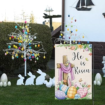 He Is Risen Easter Garden Flag 12x18 Inch Double Sided, Burlap Easter Eggs Flowers Religious Decorative Flag for Yard Outside