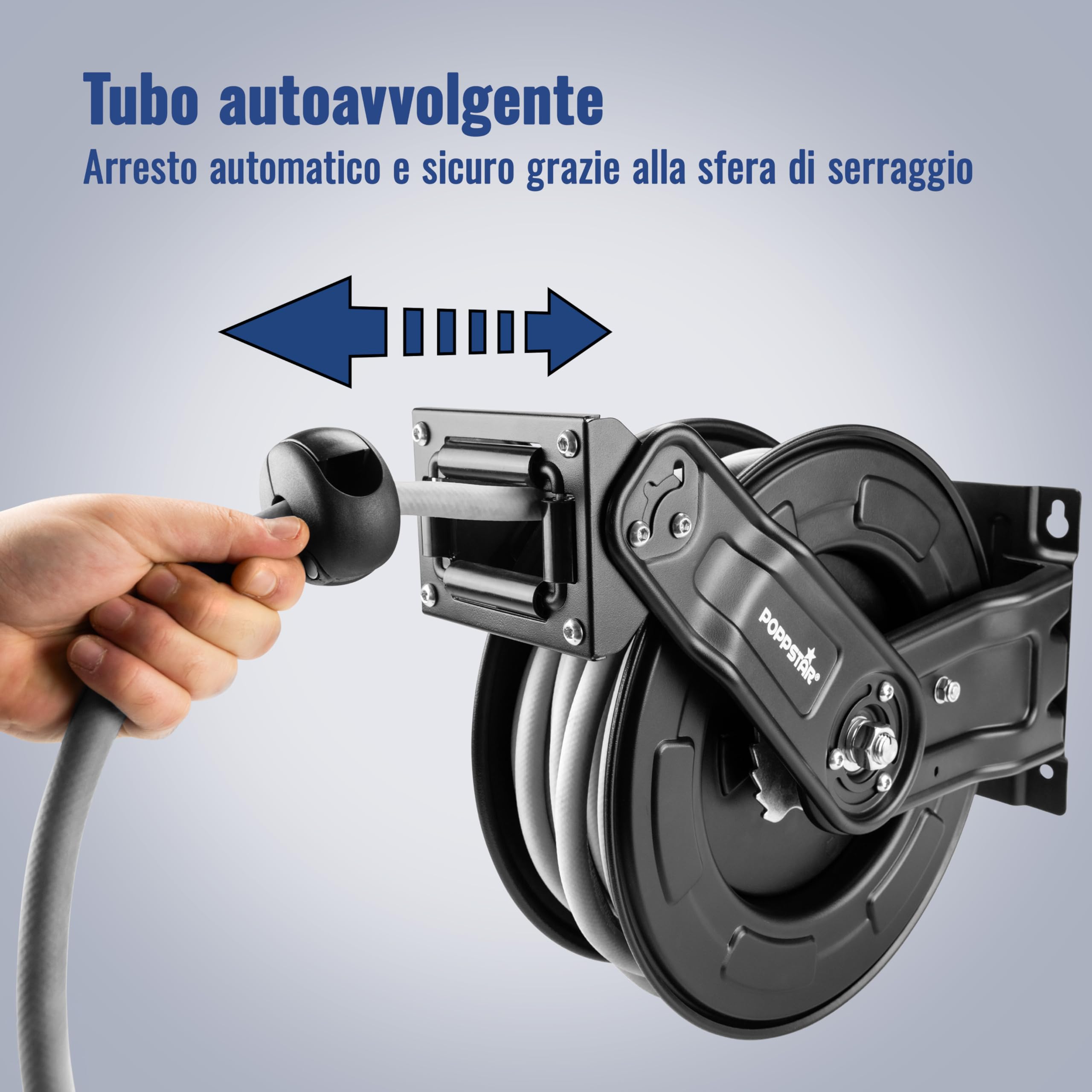 Poppstar Avvolgitubo per aria compressa in acciaio (20m+2m, diametro (9,2x15mm)), attacchi 1/4 di pollice BSPT