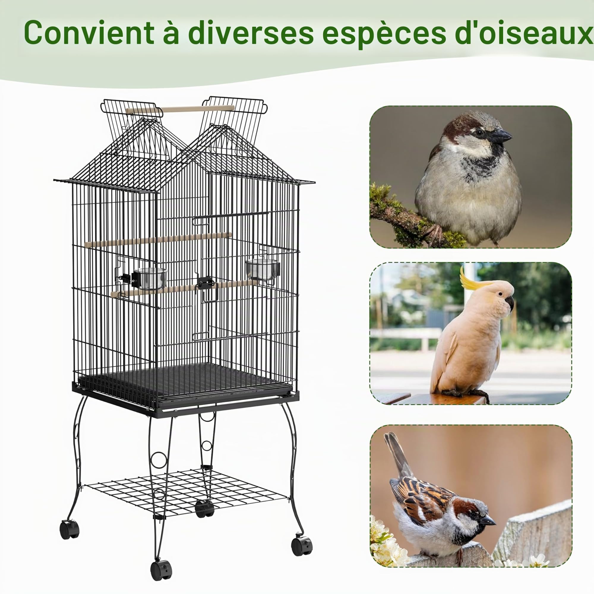 UISEBRT Cage à oiseaux avec support et roues - Grande volière en métal pour finches, canaris, perruches Noir (Type B, 55x55x145cm)