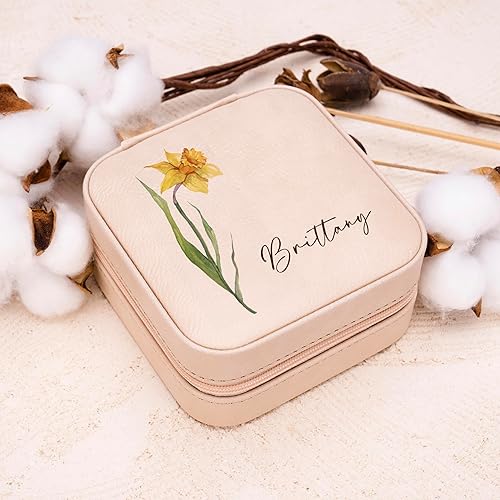 Miniatura 9 de Joyero de cuero personalizado con mes y nombre de flores de nacimiento coloridas, color blanco, estuche de viaje de joyería personalizado para