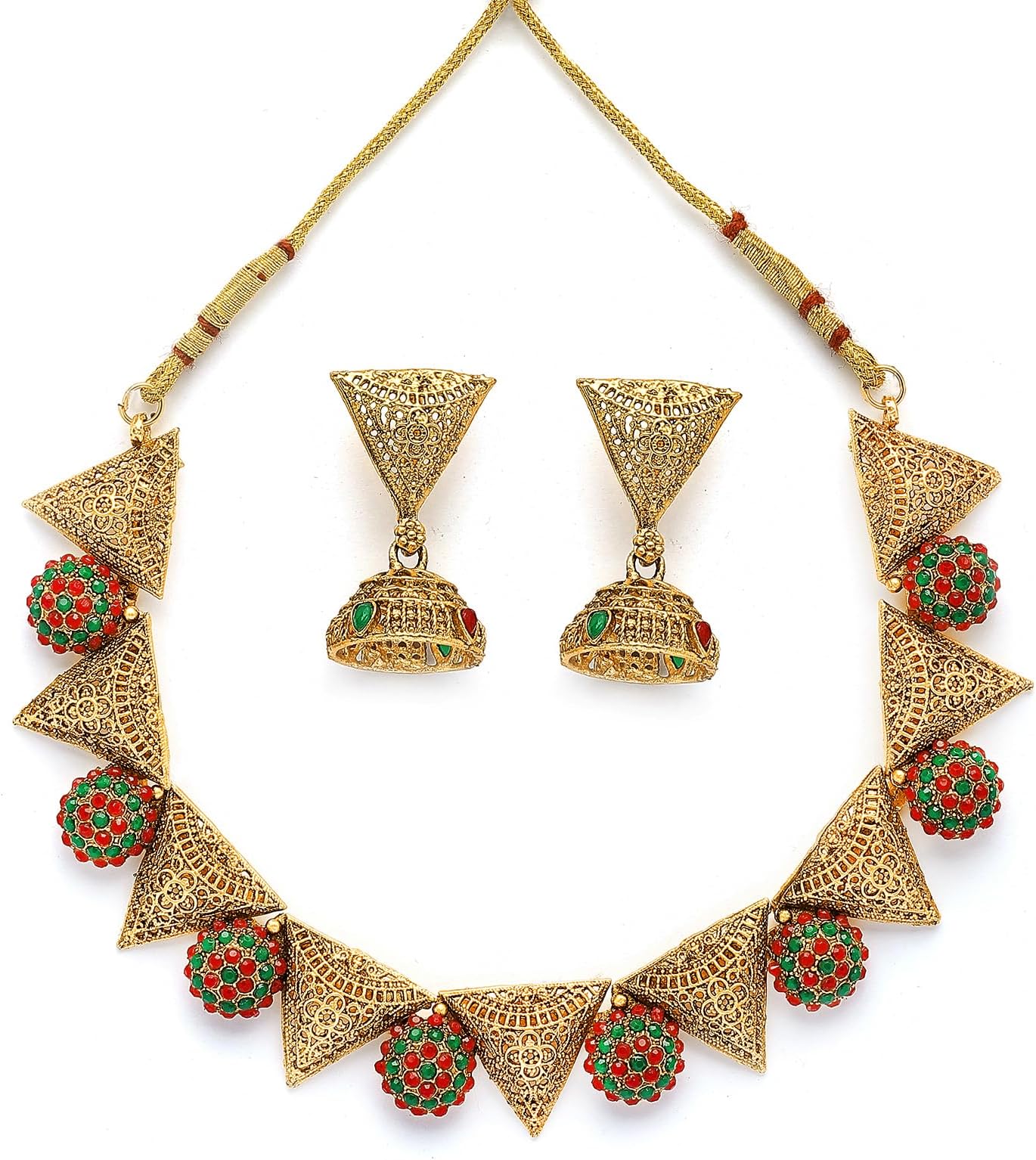 Gold Plated Red and Green Stone Studded Triangular Neckalce Set for Women