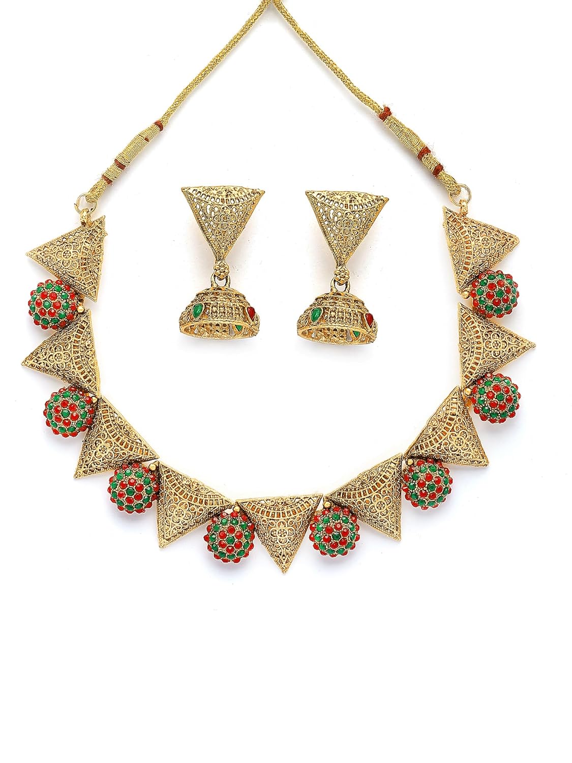 Karatcart Gold Plated Red and Green Stone Studded Triangular Neckalce Set for Women