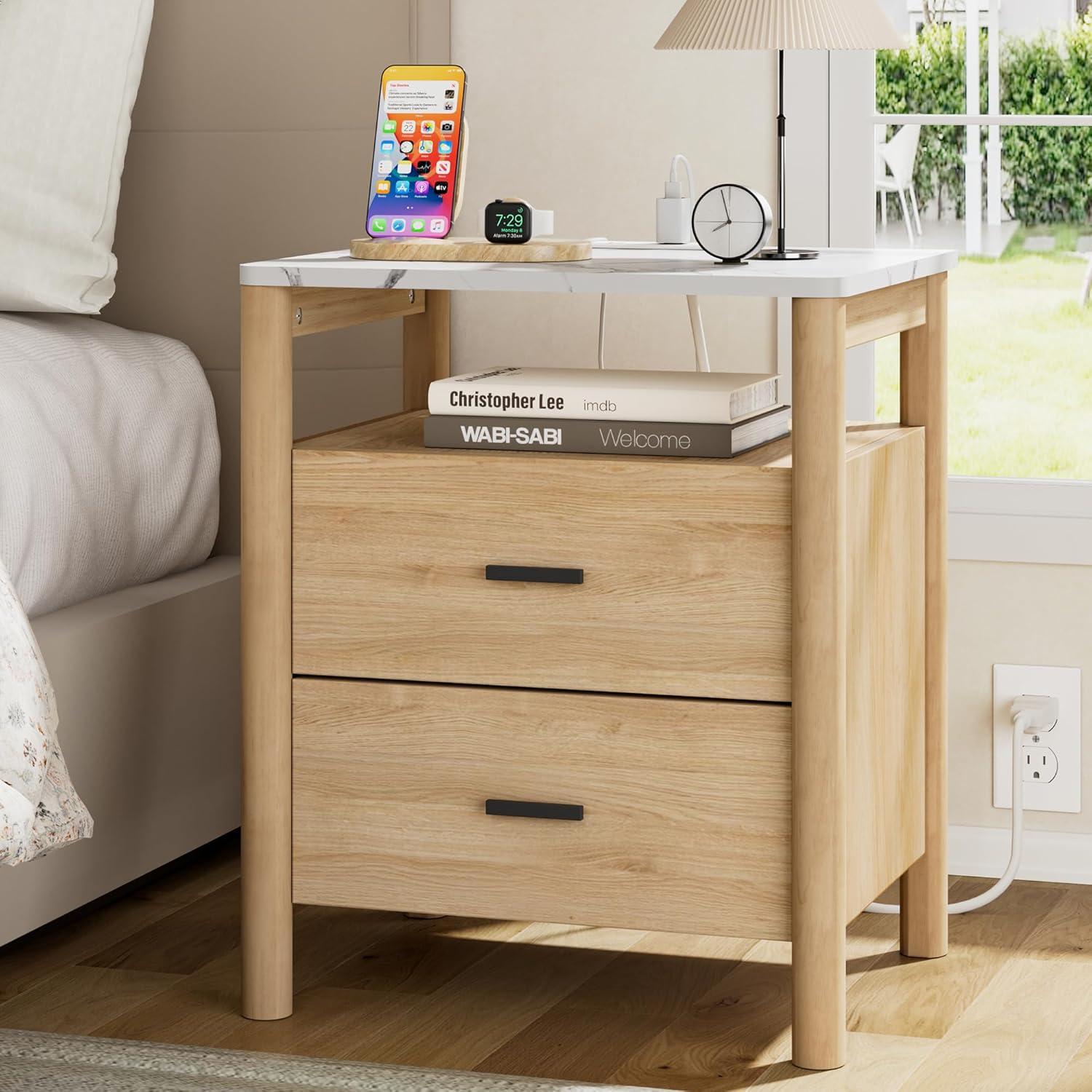 Night Stand, 20" Wide Nightstand, Modern Large Nightstand with Charging Station & Faux Marble Top, 2 Drawer End Table with Solid Round Post Legs, Bedside Table for Bedroom, Natural Oak