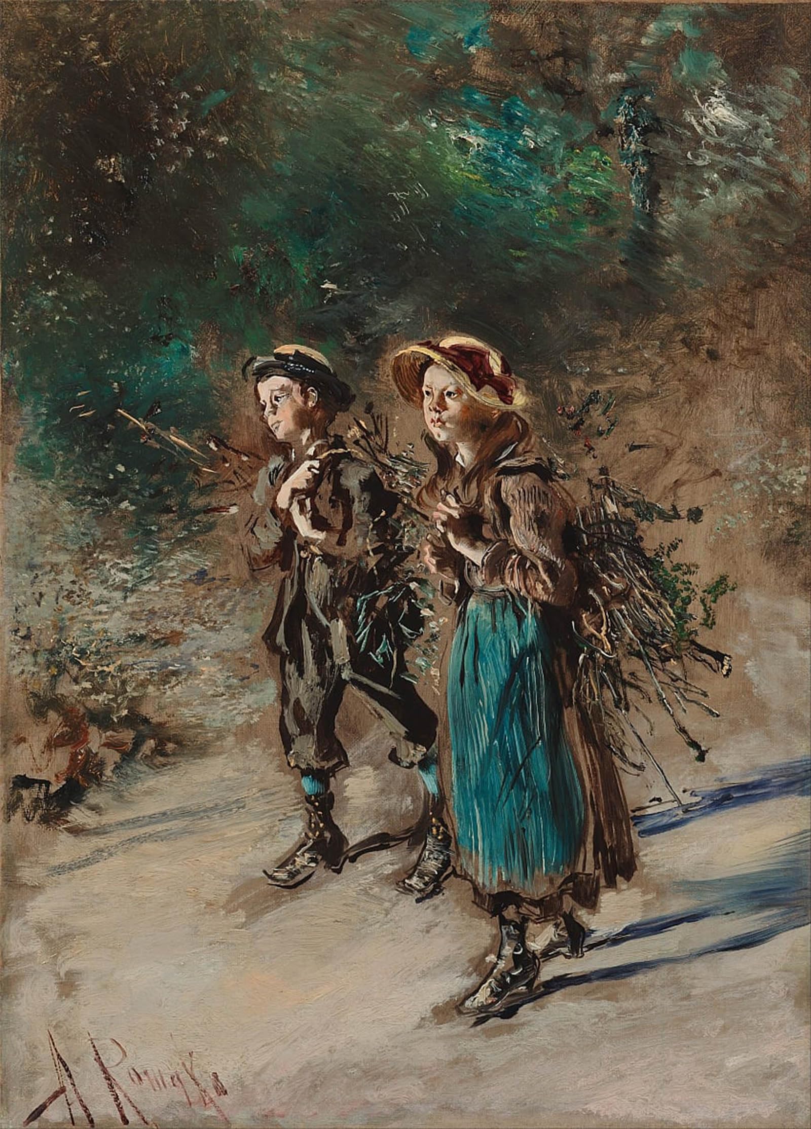POSTERIIk Vintage Classic Picture Landscape Artwork Children with Brushwood by Anton Romako Portrait Canvas Painting for Office Home Decor 60x90cm
