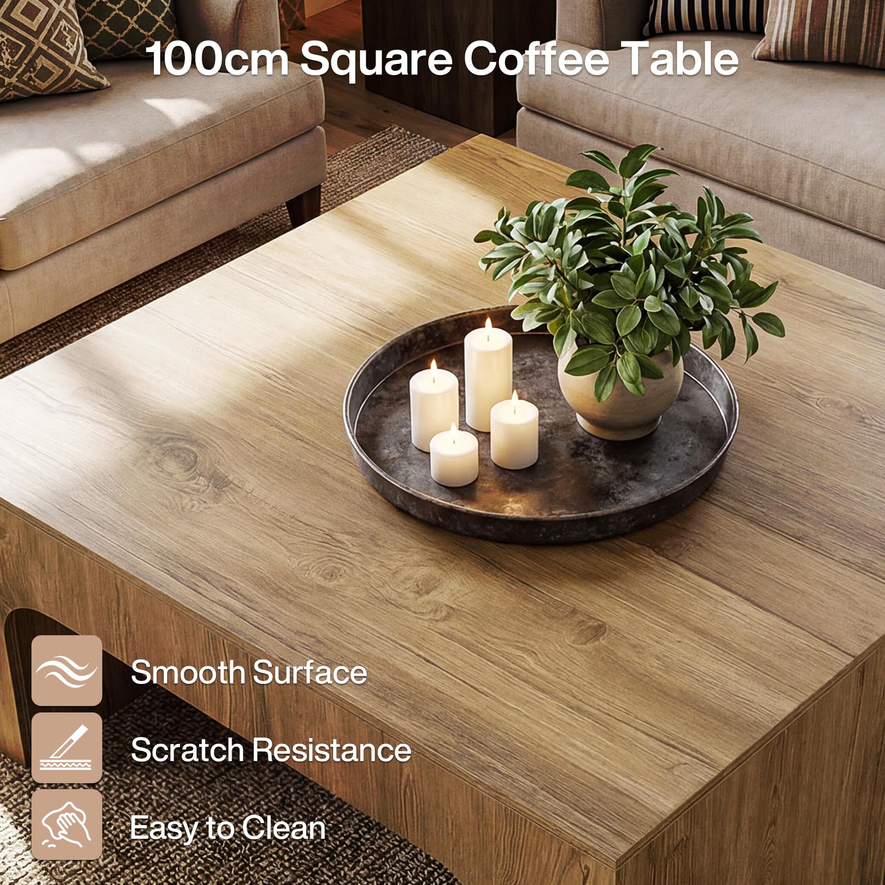 100cm Square Farmhouse Coffee Table, Rustic Brown MDF Centre