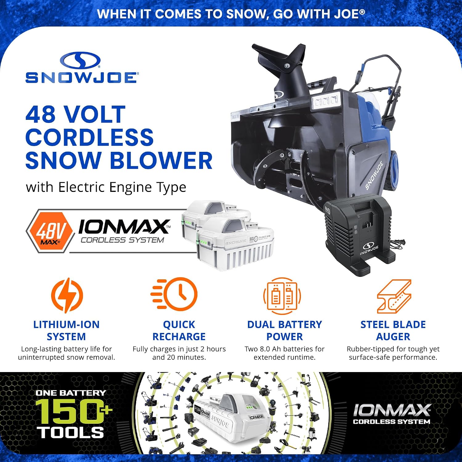 Snow Joe 48V Cordless Snow Blower Kit with 2X 8Ah Batteries, Dual-Port Charger & LED Headlights, 1600W Brushless Motor, 22" Clearing Path - Ice Removal for Driveways, Patios & Sidewalks, 24V-X2-SB22