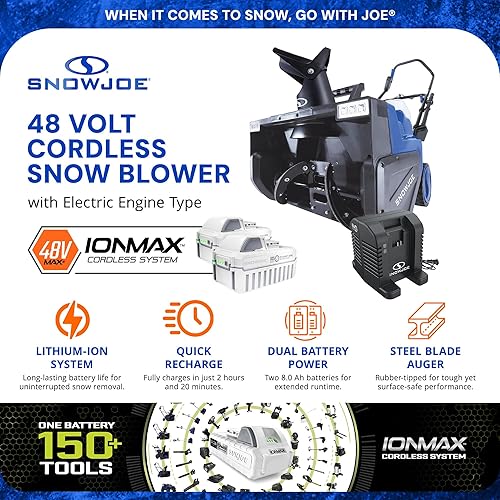 Vista 2 de Snow Joe Kit de soplador de nieve inalámbrico de 48 V con 2 baterías de 8 Ah, cargador de doble puerto y faros LED, motor sin escobillas de 1600 W