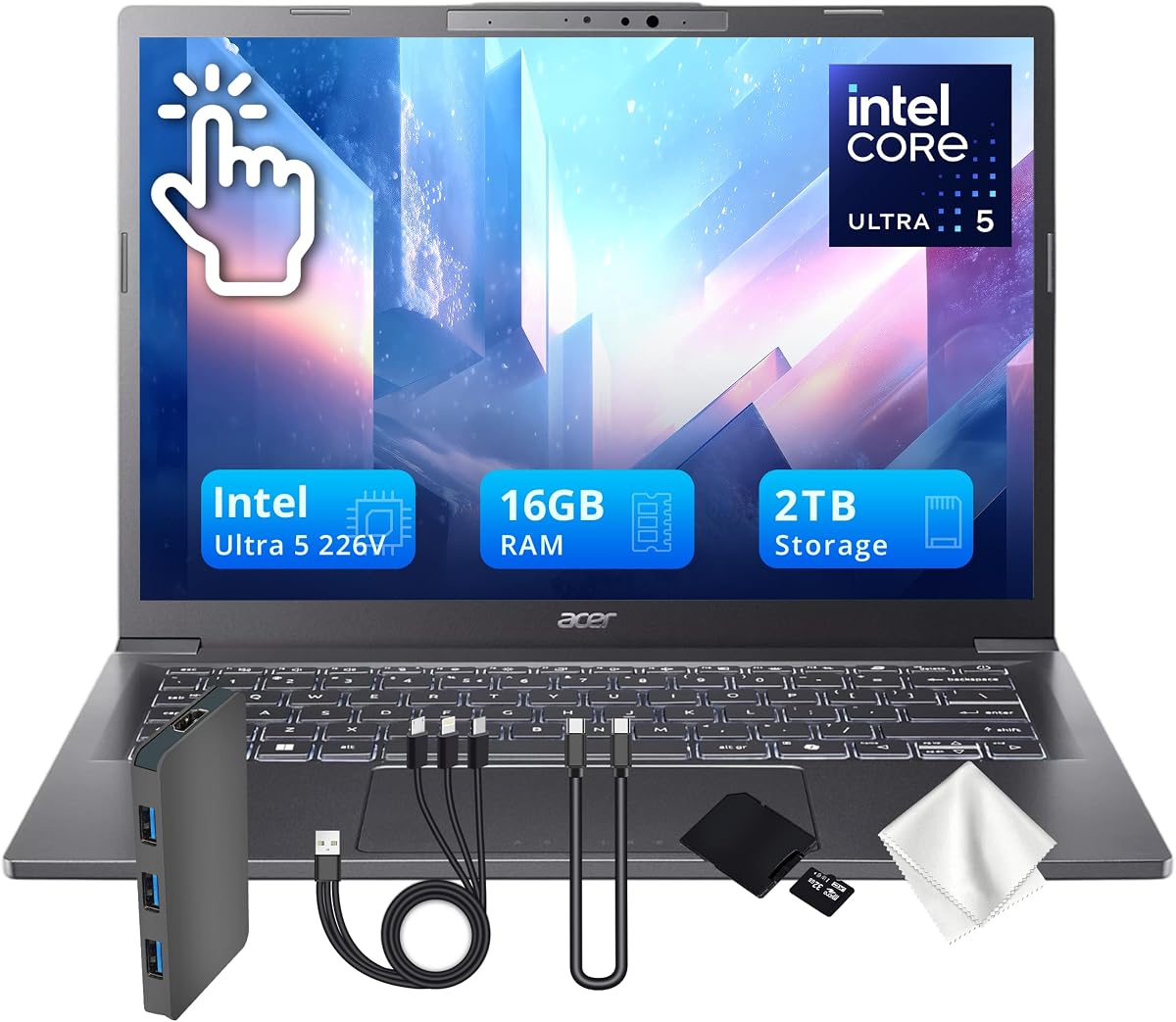 Acer Aspire 14" AI Copilot+PC WUXGA Touch Laptop, Intel Core Ultra 5 226V, Intel Arc Graphics 130V, 16GB LPDDR5X, 2TB de almacenamiento (1TB SSD y 1TB Docking Station), teclado retroiluminado, Win11, gris