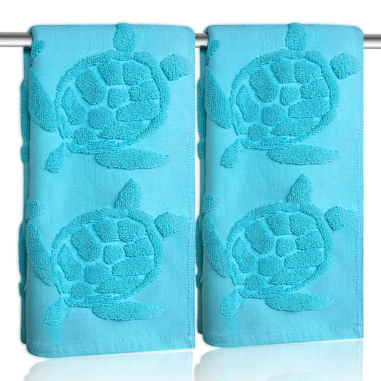2 toallas de mano de tortuga marina para baño, 100 % algodón, tejido jacquard, verde azulado, turquesa, playa, playa, invitados, toallas de mano para baño, cocina, accesorios de decoración