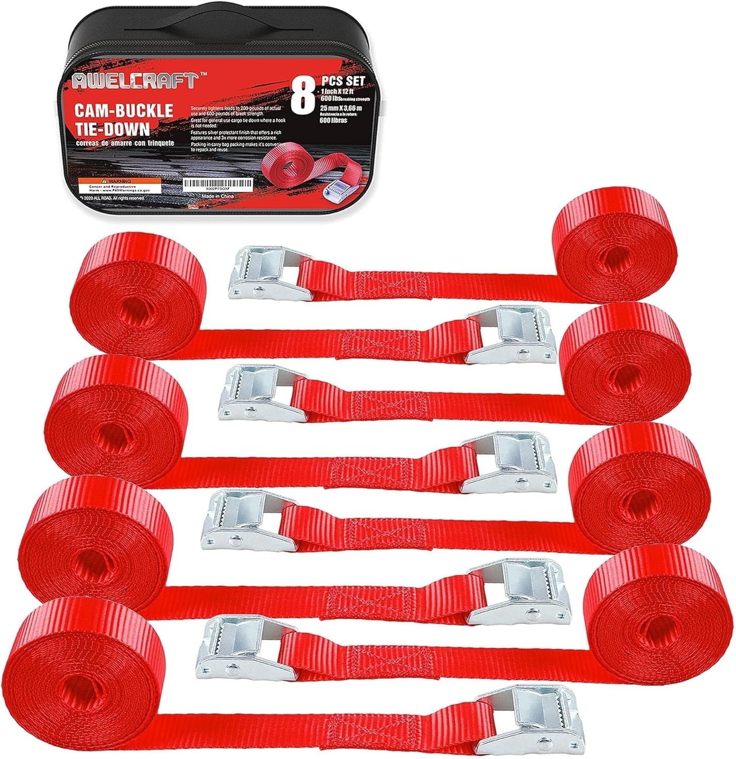AWELCRAFT Lashing Tie Down Straps 8 Pack,1in x 12ft Cam Buckle Straps,600lbs Breaking Strength with Carrying Bag for Moving Straps Motorcycle Cargo Kayak Bike(Red)