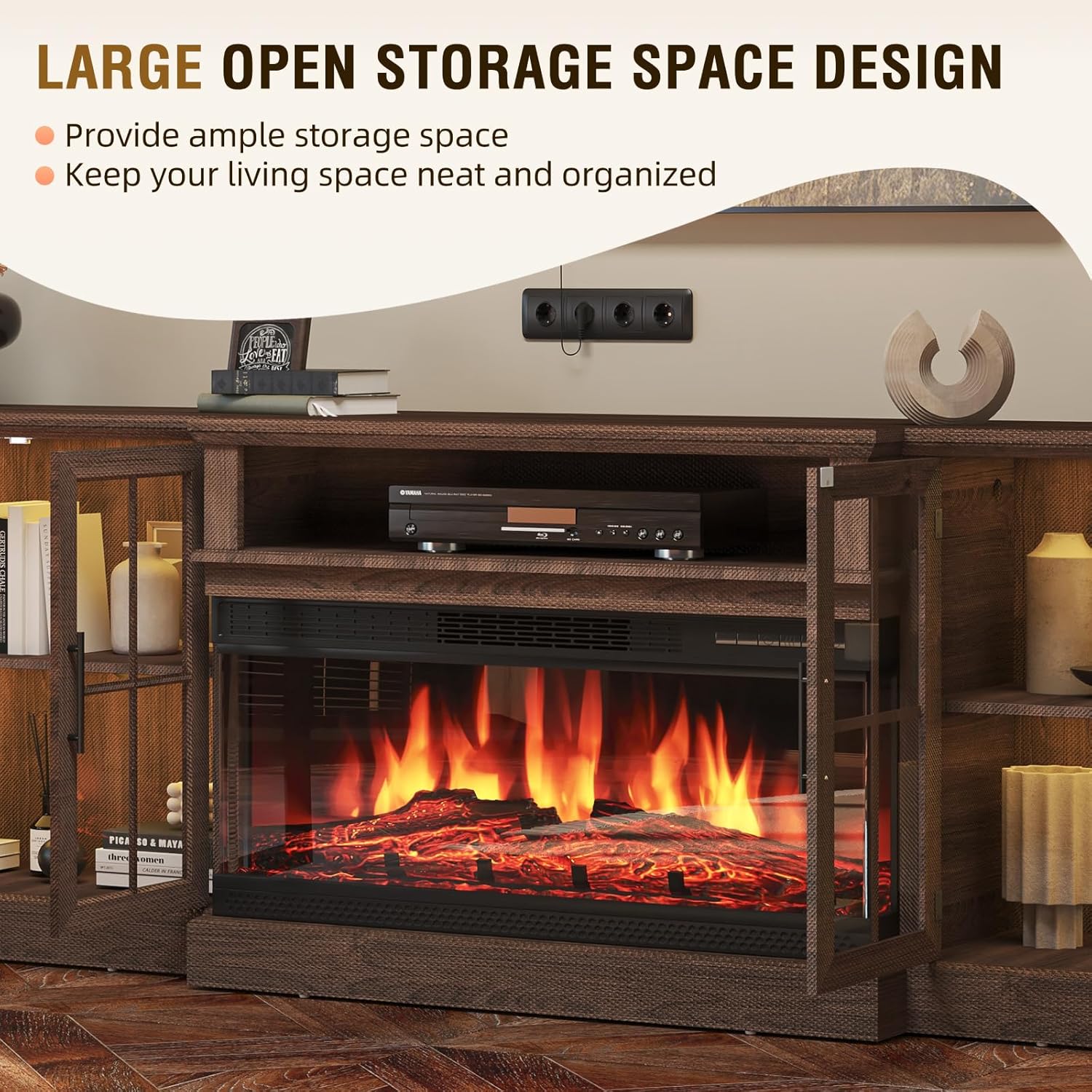 98" Farmhouse TV Stand with 36" Fireplace for TVs up to 100", Media Entertainment Center with Adjustable Shelves and Large Storage Cabinets, for Living Room, Brown & Black