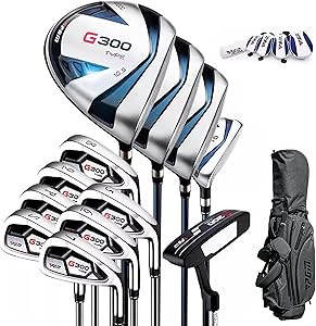 PGM 18 Pieces Men’s Golf Club Set 12pcs Clubs – Titanium #1 Driver, Draw-Biased Hybrid, High-Strength Irons, Forgiving Putter, Stand Bag with 5 Head Covers