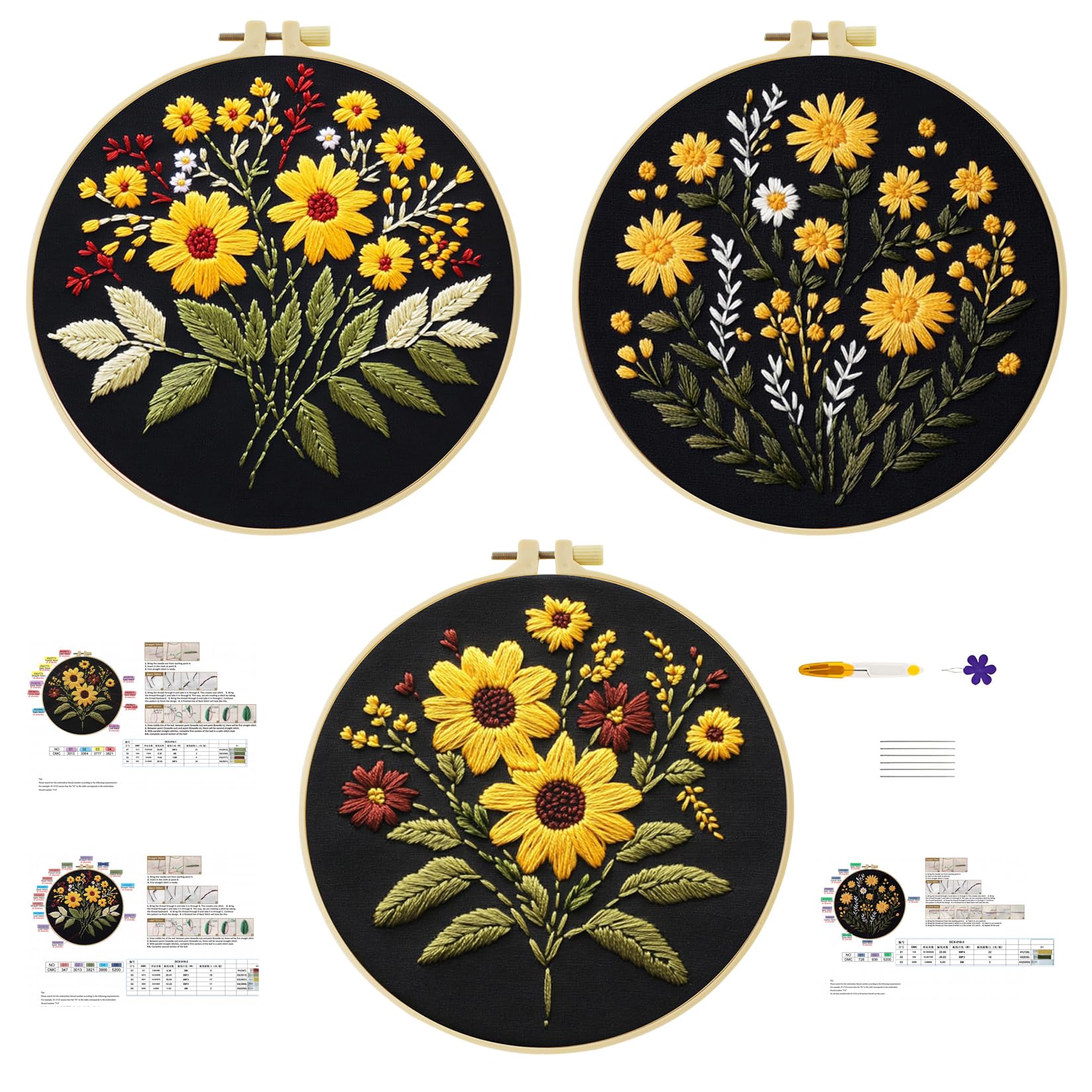 cukol cukol Stamped Embroidery Kit for Beginners Adults, 3 Set, Simple Easy
