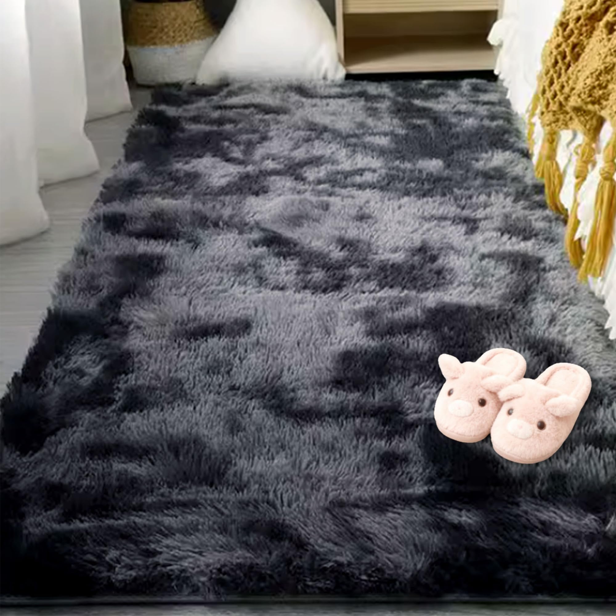 Tapis de sol doux tapis de chambre adulte 100x160 decoration salon moderne gris foncé poil long