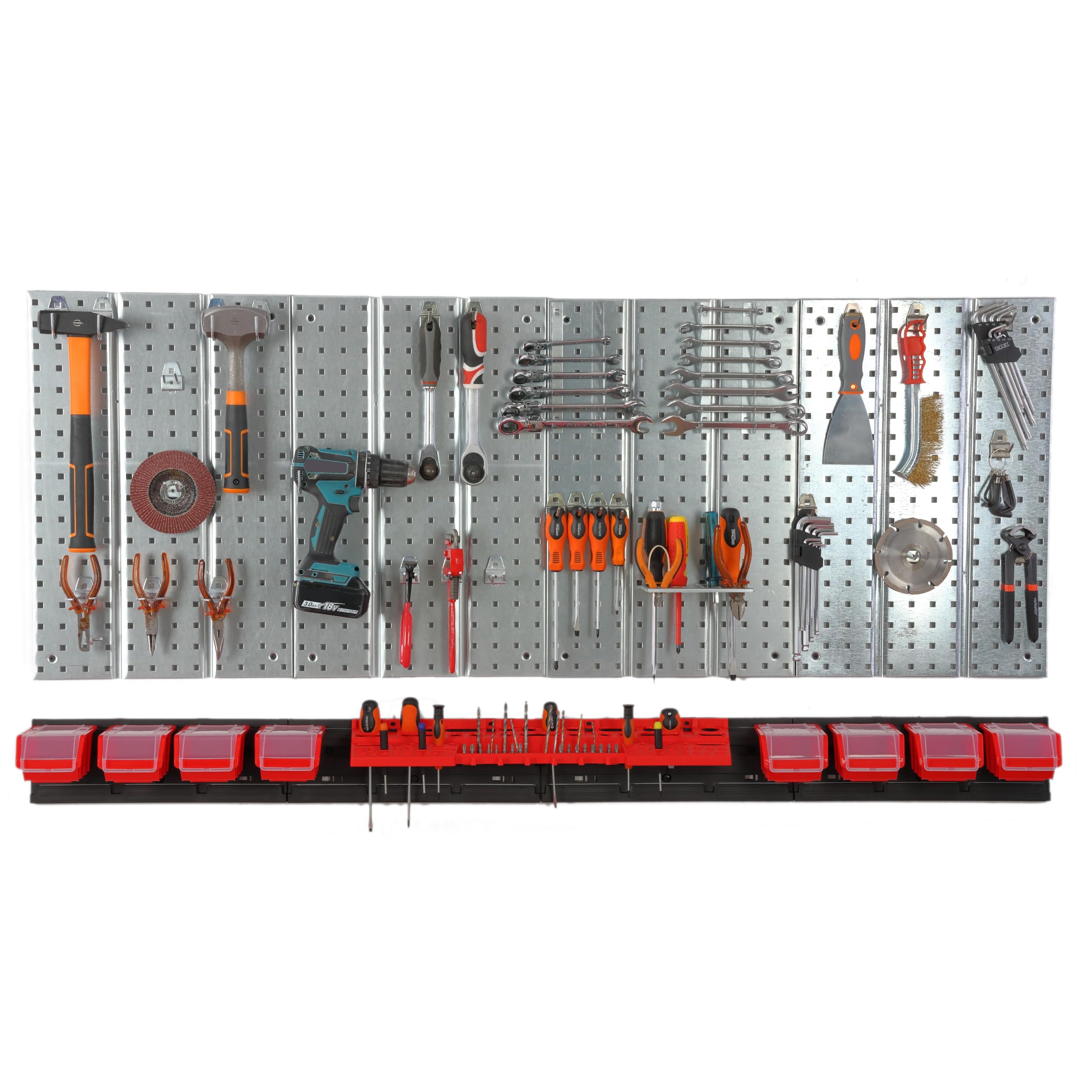 Werkzeugwand Metall 156x72 cm Lagersystem mit Werkzeughaltern Werkzeughaken und 8 Stapelboxen 100 x 150 x 70 mm Farbe: rot Lochbrett Werkstatt Garage Steckbrett Elektrowerkzeuge Lochwand