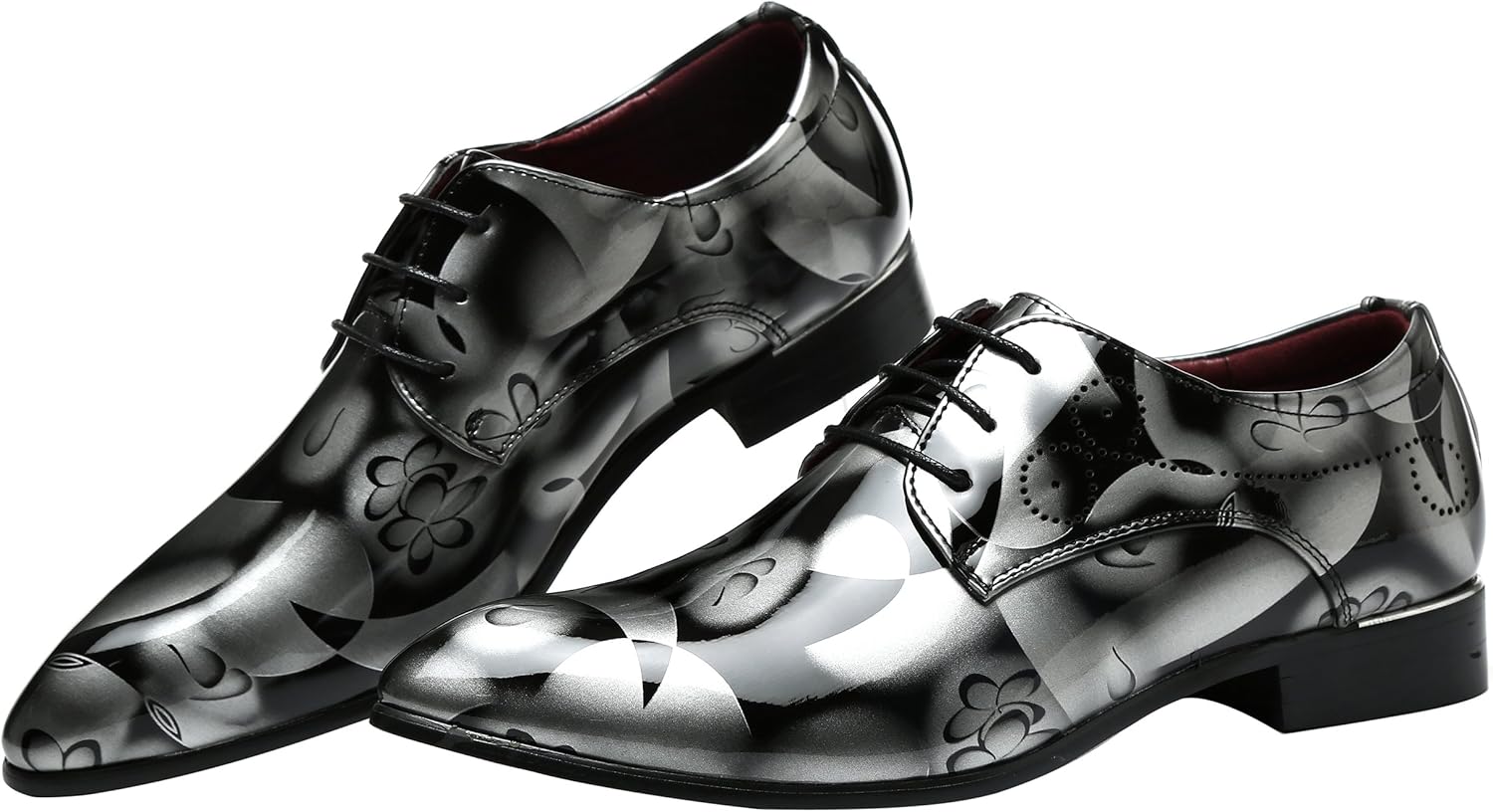 Men Fashion Shoes Dress Pointed Toe Floral Patent Leather Lace Up Oxford Black Brown Red Grey