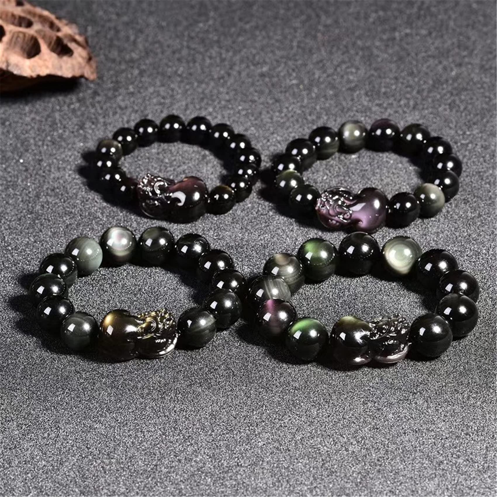 WZGWDC Schwarzes Obsidian-Armband, Piyao-Armband, natürliche Regenbogenaugen-Perlen, Kristall-Talisman, Wohlstand, 16 mm