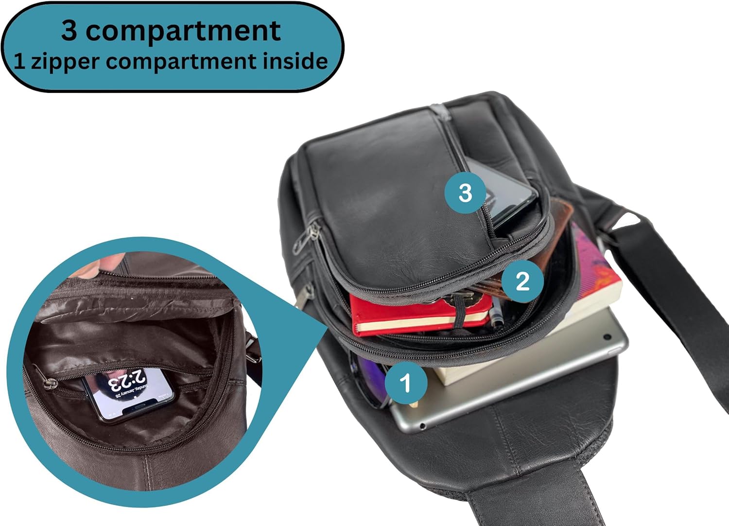 Bullz Crossbody Backpack Travel Hiking Chest Bag Daypack Leather Sling Bag for Men and Women (Black) - Image 3