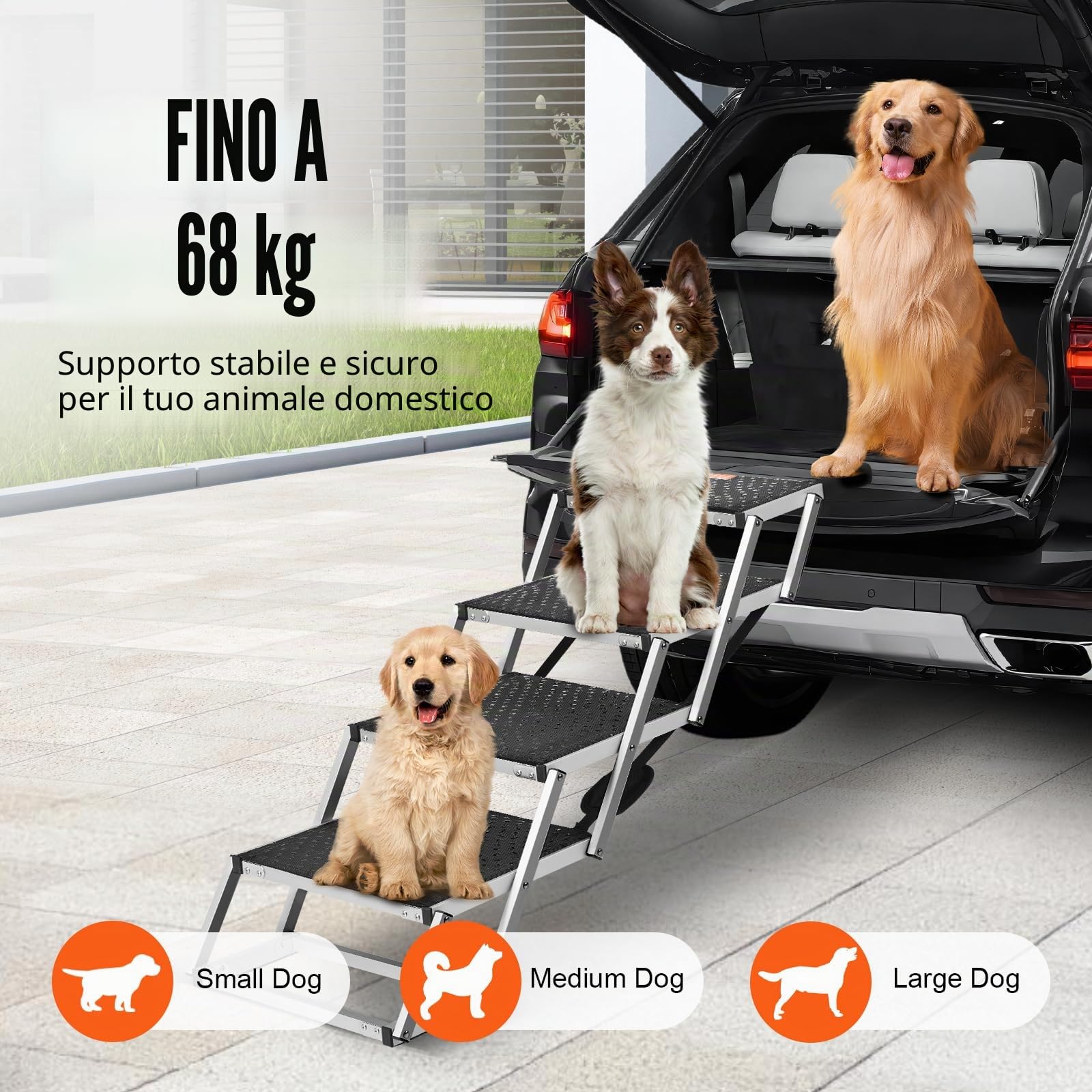 VEVOR Scala Gradini Larghi per Auto per Cani 4 Gradini, Rampa Pieghevole con Superficie Antiscivolo, Animali Domestici Gradini Portatili in Alluminio Leggero per SUV e Camion, Supporta Fino a 68 KG