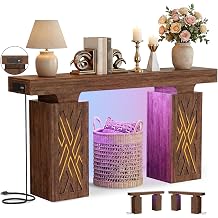 iSunirm 47.2" Extra Thick Entryway Table with Hollow Carved Storage Legs, 300+ lbs Load Console Table with Reversible Outlets & RGB Light, Space-Saving Wood Sofa Table for Hallway Foyer, Cracked Oak