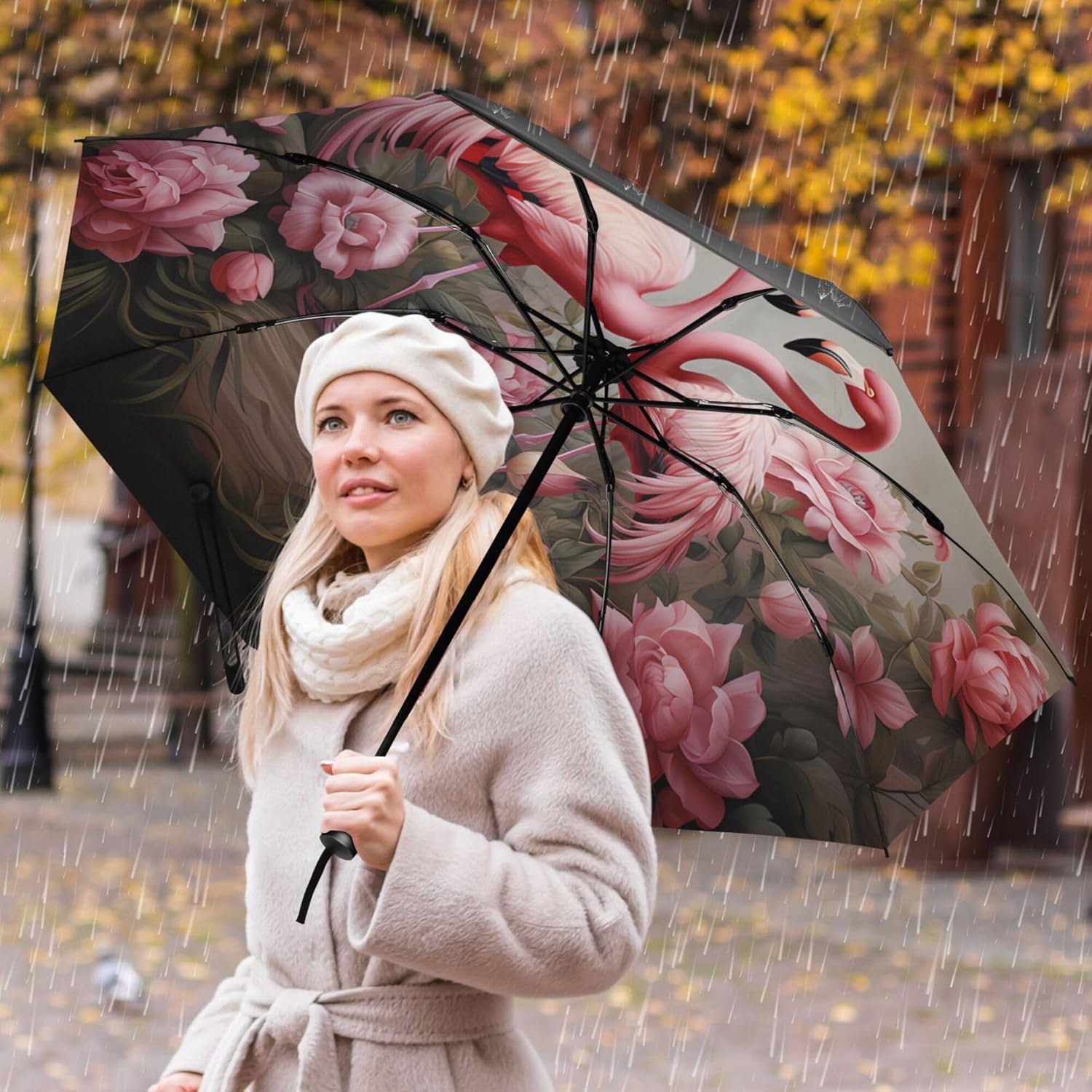 Automatic Folding Umbrella Windproof Strong, UV Protection Compact Floral Hydrangea Hummingbird Sun Rain Sun Rain Travel Umbrellas for Women Men