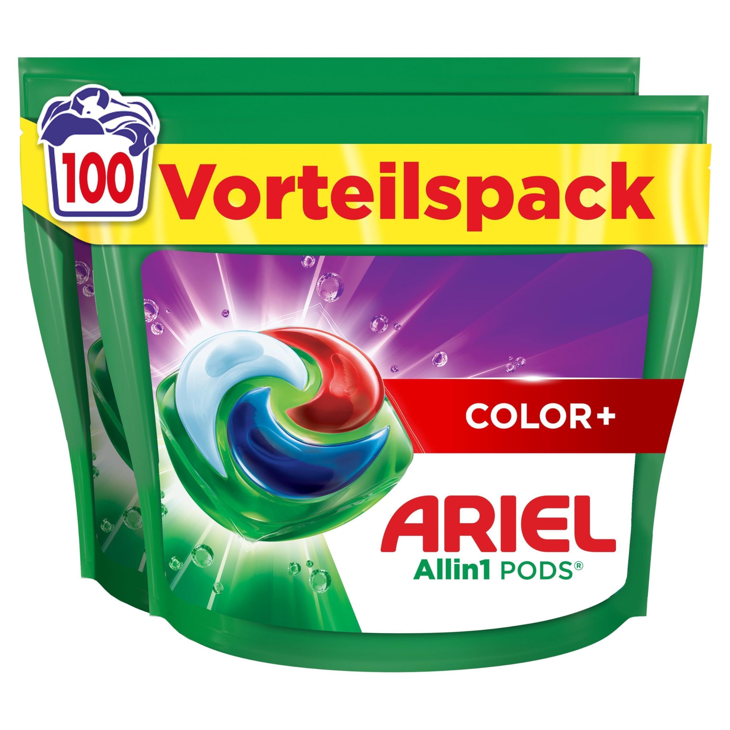 Ariel Waschmittel Pods All-in-1, Flüssigwaschmittel Kapseln 100 Waschladungen, Color+, Kraftvolle Fleckentfernung ab der 1. Wäsche