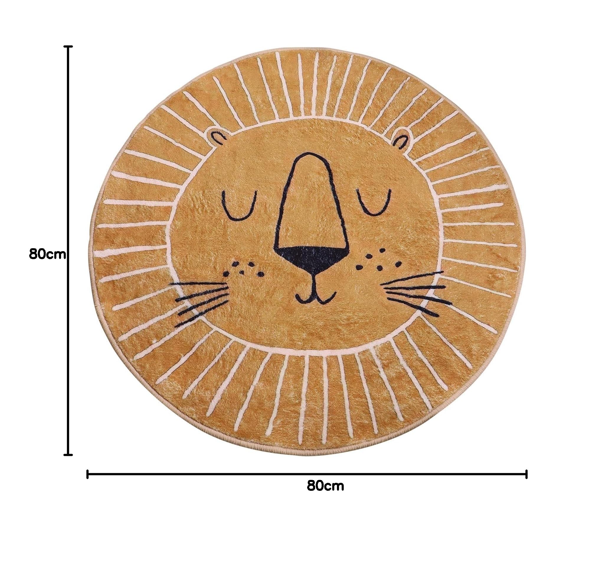 Tapis Rond Marron et Jaune, Motif tête de Lion, Tapis pour Enfant, Dessous antidérapant, Lavable, Tapis de Jeu intérieur et extérieur (120x120cm)