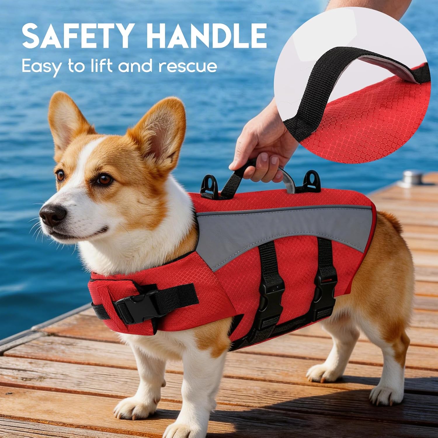 ASENKU Dog Life Jacket with Reflective Stripes, Adjustable High Visibility Dog Safety Vest, Ripstop Lifesaver, Pet Preserver with High Flotation Swimsuit for Small, Medium and Large Dogs (Red, M)