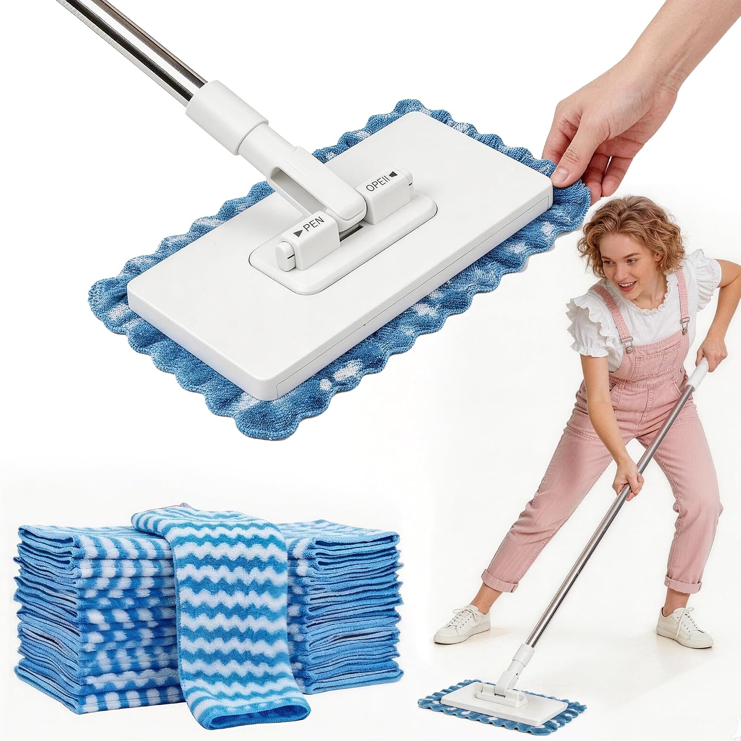 Snap Grip Mini Flat Mop with 10 Reusable Pads One-Click Cloth Change | Adjustable Handle, Portable Cleaner for Floor, Wall, Window & Ceiling