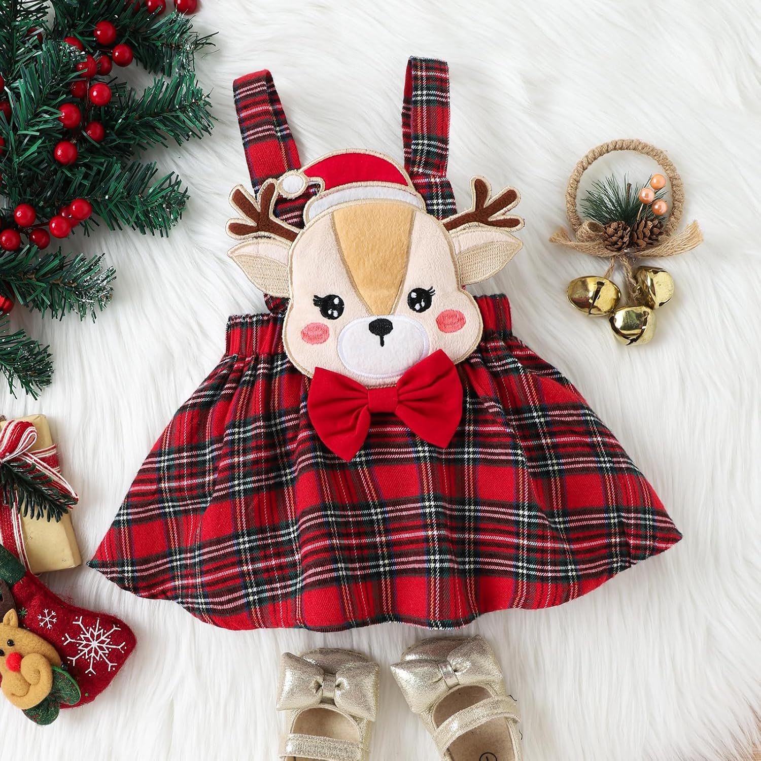Baby Girl Christmas Clothes Fall Outfit Long Sleeve Romper Suspenders Skirt Overalls Headband 3 Pcs 0-18 Months
