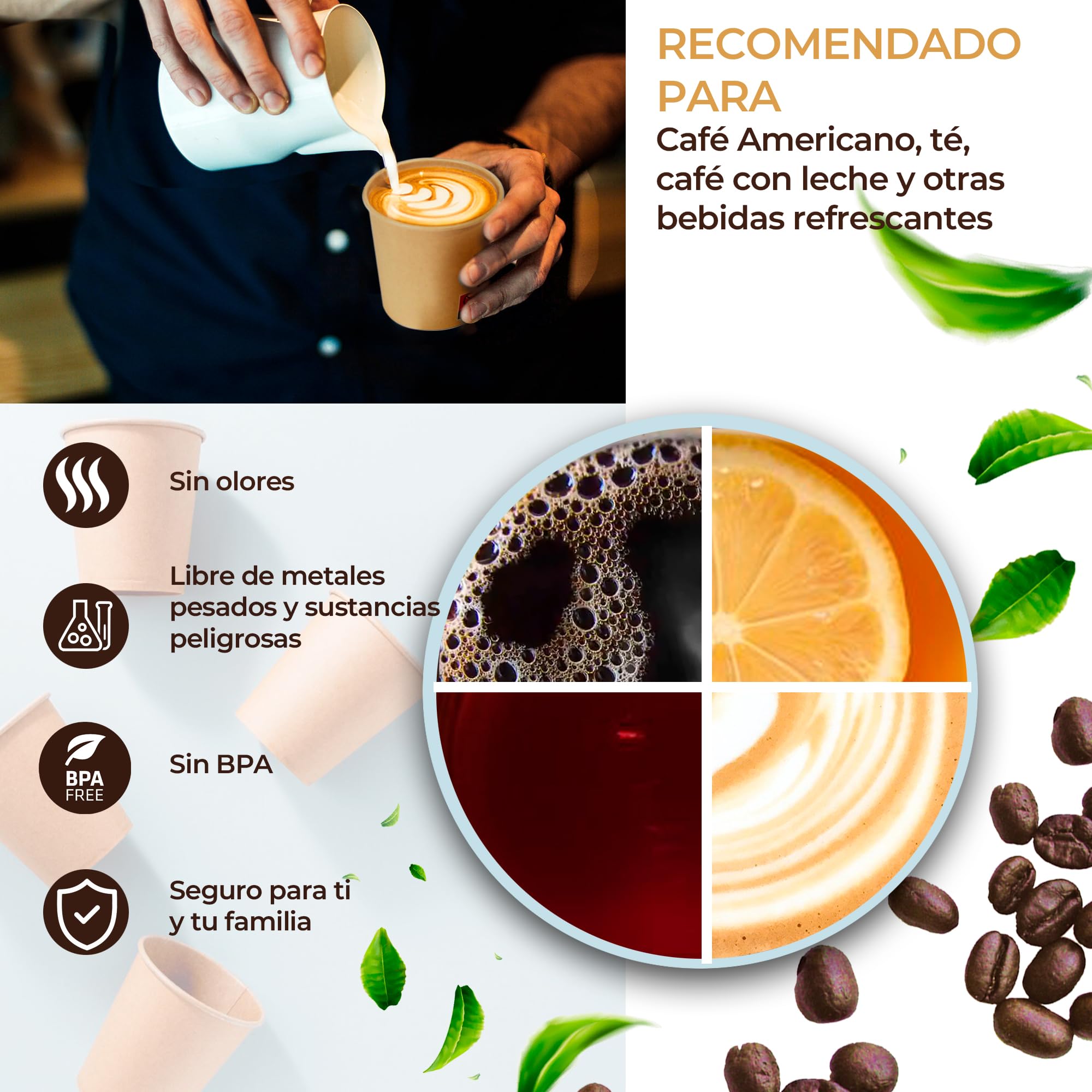 100 Vasos Desechables de Cartón Kraft 210 ml / 7 oz. Resistentes, A Prueba de Fugas. Ideal para Café, Té y Bebidas Refrescantes.Sin Olores. Vasos Kraft