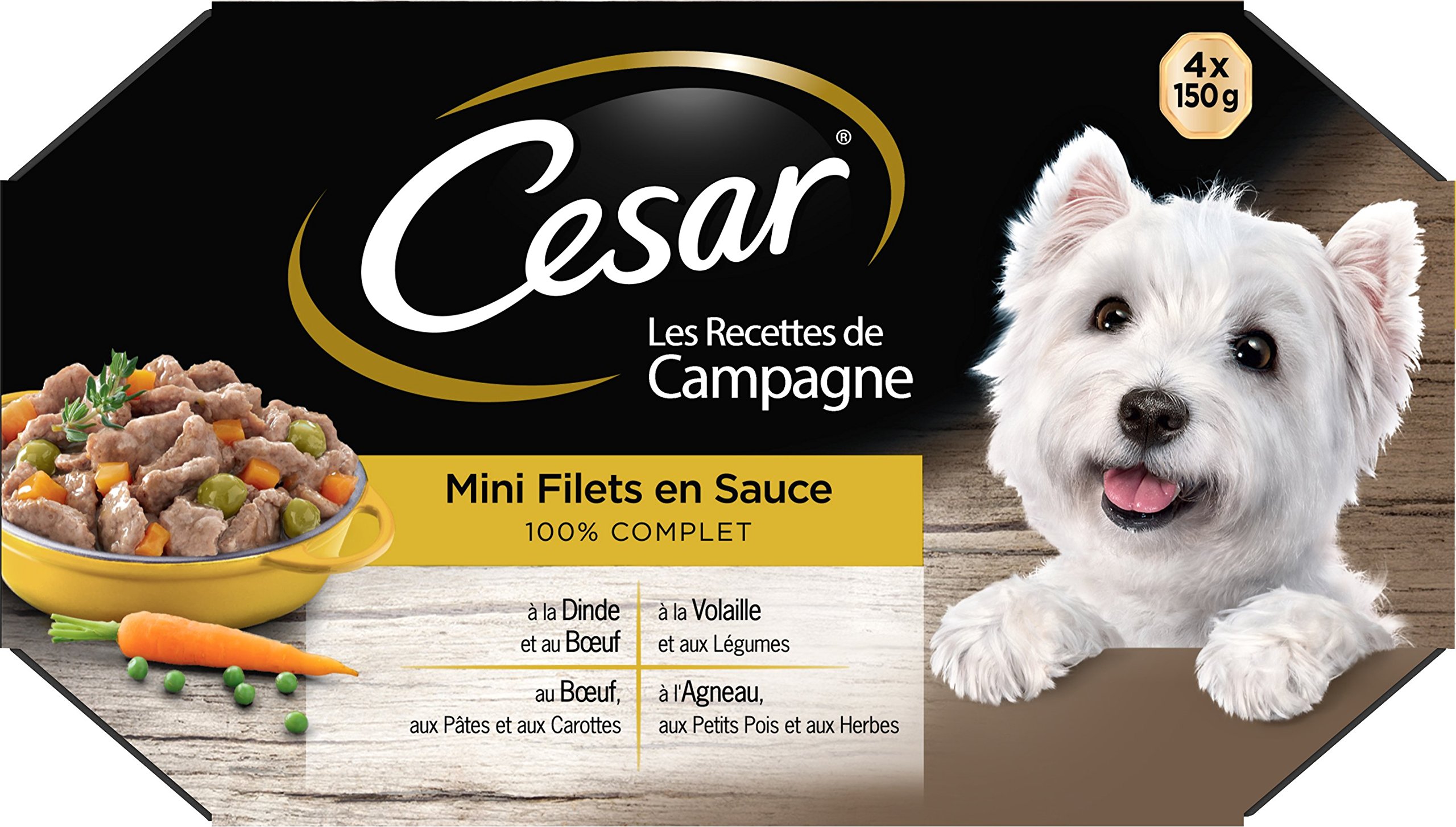 Cesar Les Recettes de Campagne Mini-Netz für Erwachsene Hunde, 4 Geschmacksrichtungen, 6 x 4 Schalen à 150 g