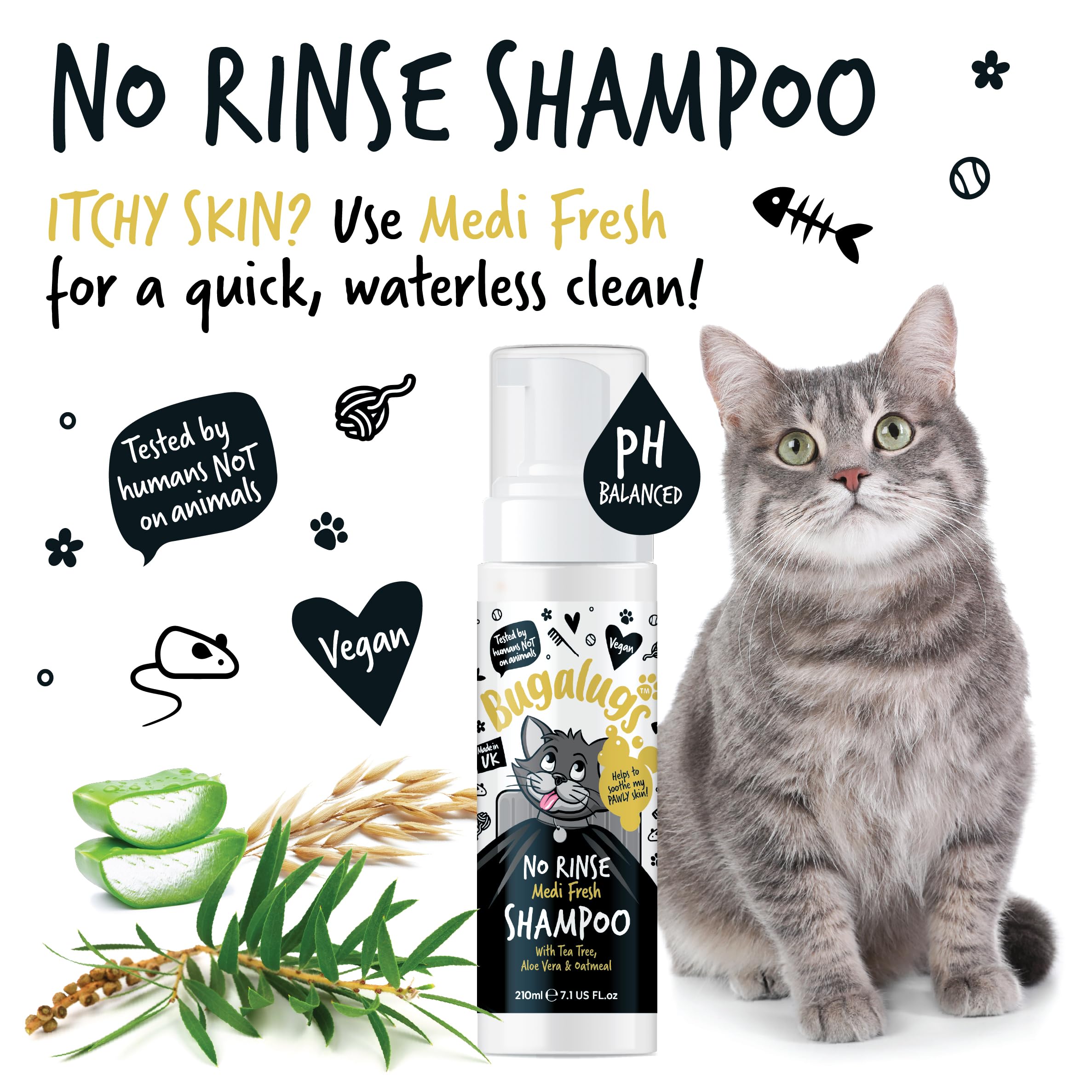 Bugalugs No Rinse Cat Shampoo for itchy skin with Tea Tree & Aloe Vera. Brush through - Image 4