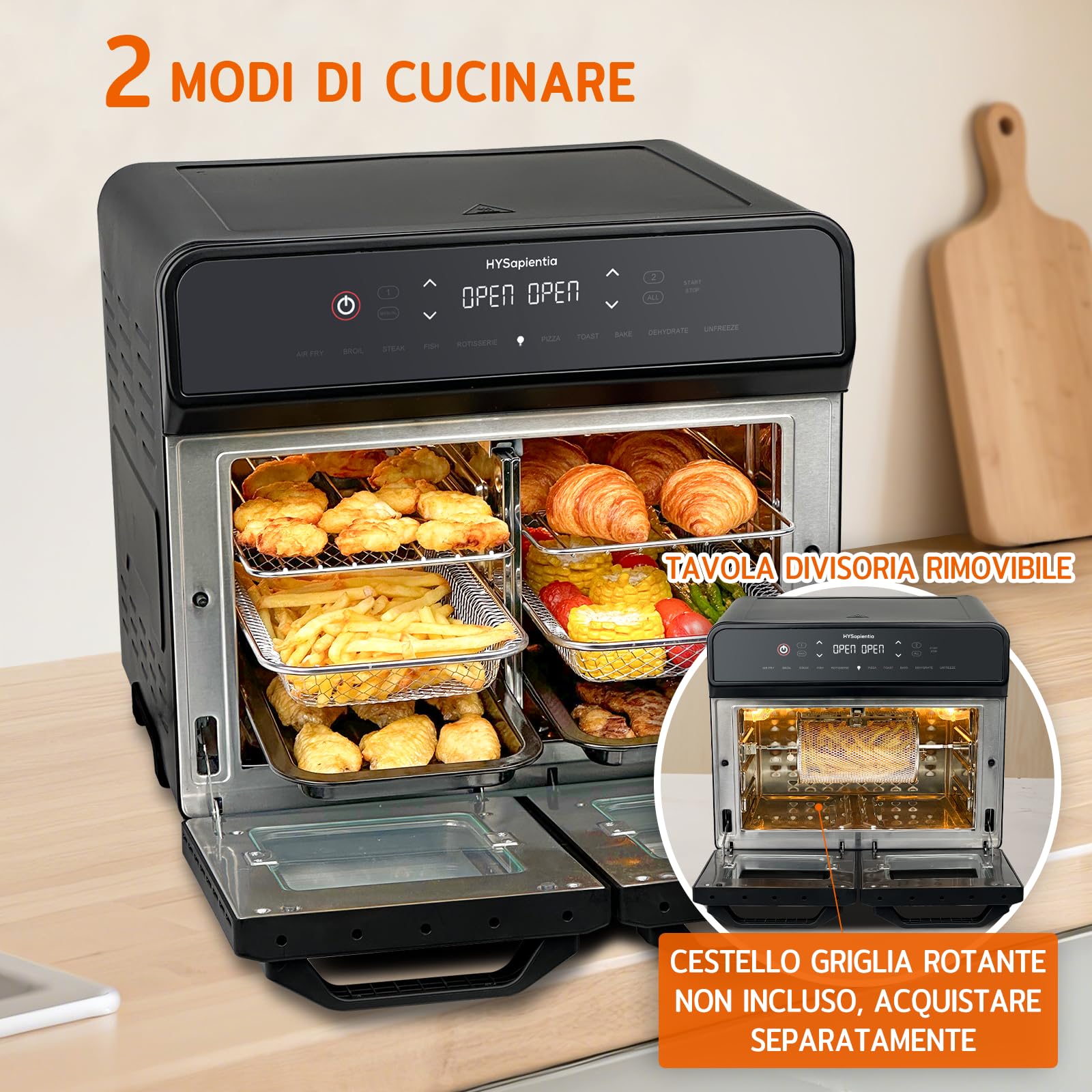 HYSapientia 22 Litri Forno Friggitrice Ad Aria doppio cestello Calda，2400W friggitrice aria 2 cestelliin in acciaio inossidabile,10 Funzioni,Doppia Temperatura,Suddividere in due campate，Girarrosto