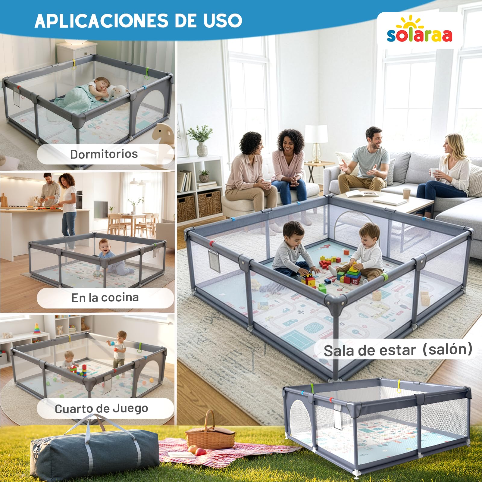 Corralito Bebé XL 150×180 cm + Alfombra Acolchada Reversible+6 Asas de Agarre + Bolsa de Transporte | guia didactica infantil+Contraste Libros de Tela Bebé