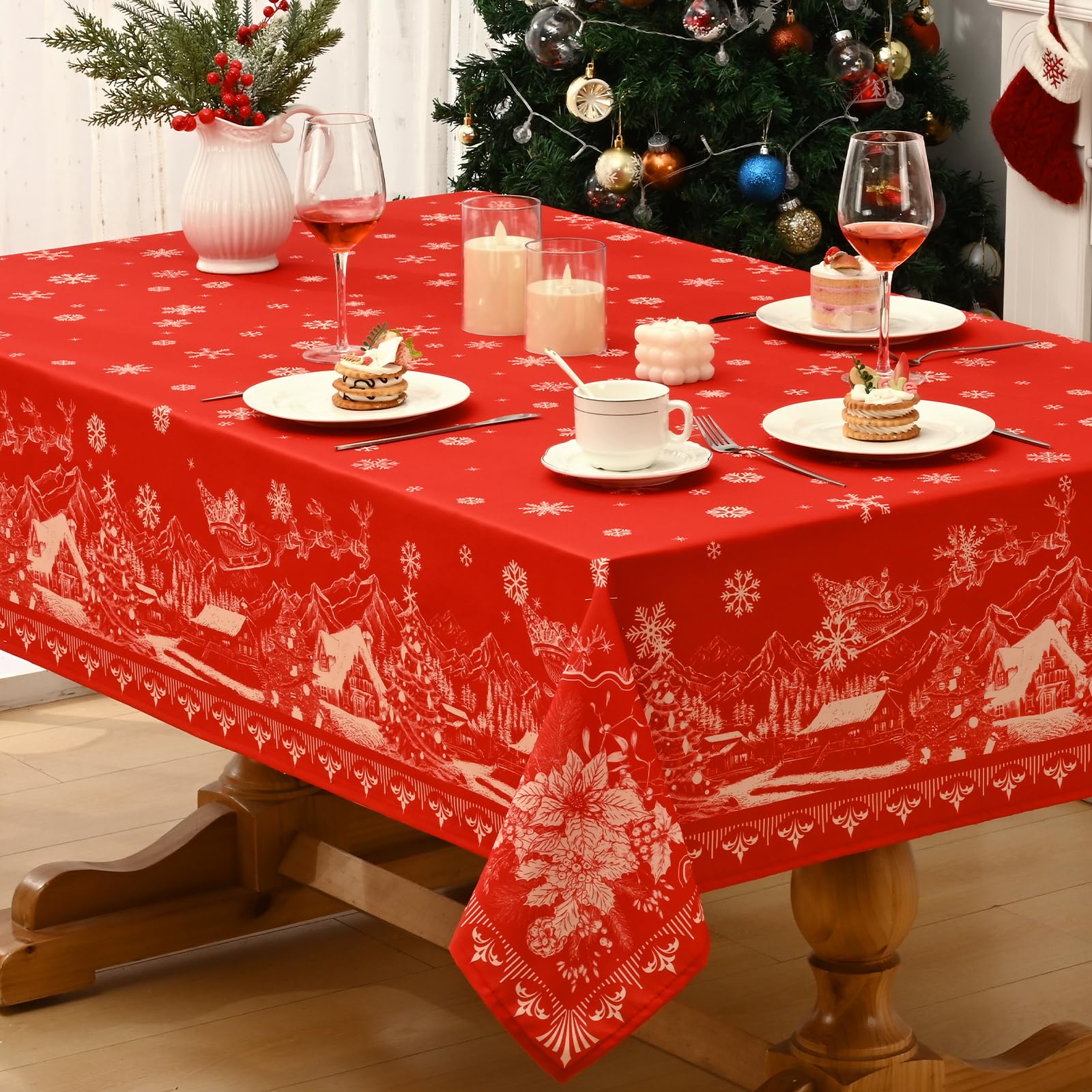 Alishomtll - Mantel de Navidad (130 x 220 cm), diseño de copos de nieve, árboles de Navidad, impermeable, lavable, decoración invernal, dorado y rojo