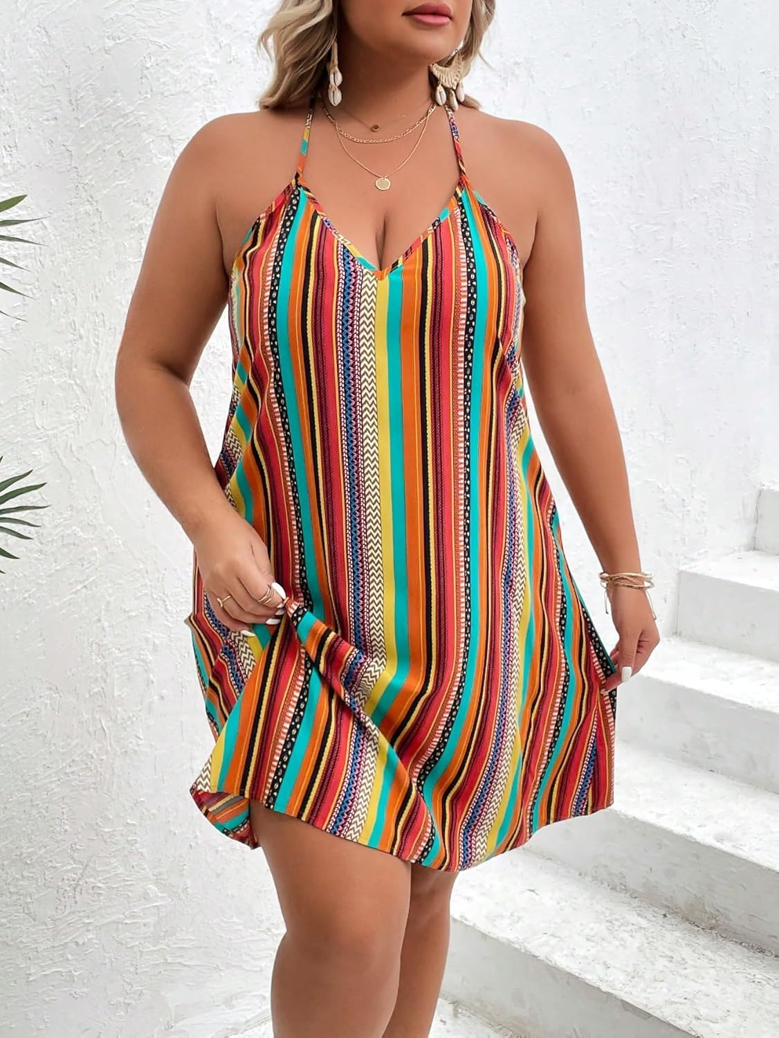 Floerns Women's Plus Size Boho Striped Halter Dress Backless Beach Short Sundresses - Image 5