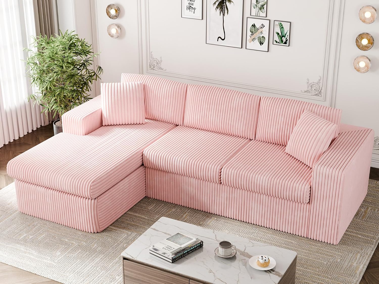 Vongrasig 105″ Boneless Couches for Living Room, Sectional Couches Modular Sofa with L-Shaped Chaise, Memory Foam Comfy Cloud Couch with Plush Corduroy Fabric, No Assembly Required, Pink