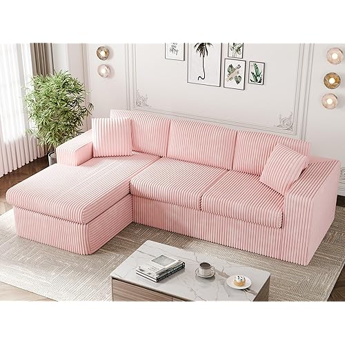 Vongrasig 105" Boneless Couches for Living Room, Sectional Couches Modular Sofa with L-Shaped Chaise, Memory Foam Comfy Cloud Couch with Plush Corduroy Fabric, No Assembly Required, Pink