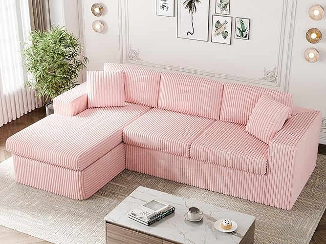 Vongrasig 105" Boneless Couches for Living Room, Sectional Couches Modular Sofa with L-Shaped Chaise, Memory Foam Comfy Cloud Couch with Plush Corduroy Fabric, No Assembly Required, Pink - Pink