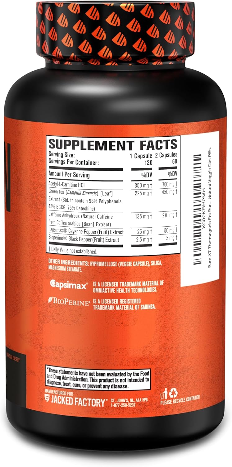 Jacked Factory Burn-XT Clinically Studied Fat Burner & Weight Loss Supplement - Appetite Suppressant & Energy Booster - with Acetyl L-Carnitine, Green Tea Extract and More - 180 Natural Diet Pills