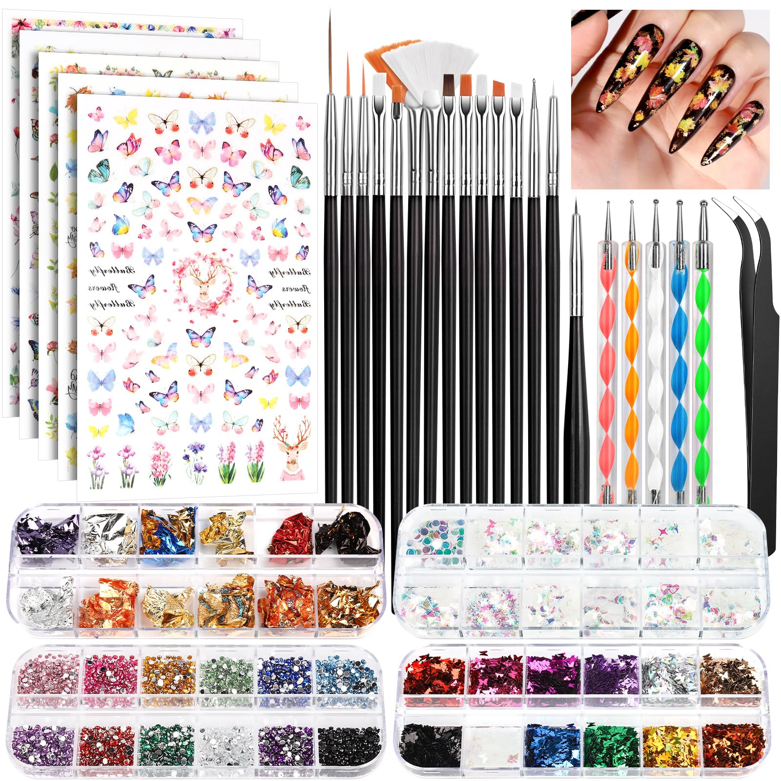 FANDAMEI Nail Art Kit, Nail Art Brushes Set, Nail Art Dotting Tools, Nail Stickers, Butterfly Nail Art Sequins, Nail Foils, Nail Art Flakes Iridescent