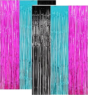 TIK Tok Birthday Decorations Tiktok Photo Booth Props Background Tiktok Party Backdrop, TIK Tok Party Decorations Fuchsia Black Teal 6pcs Fringe Foil Curtains for TIK Tok Party