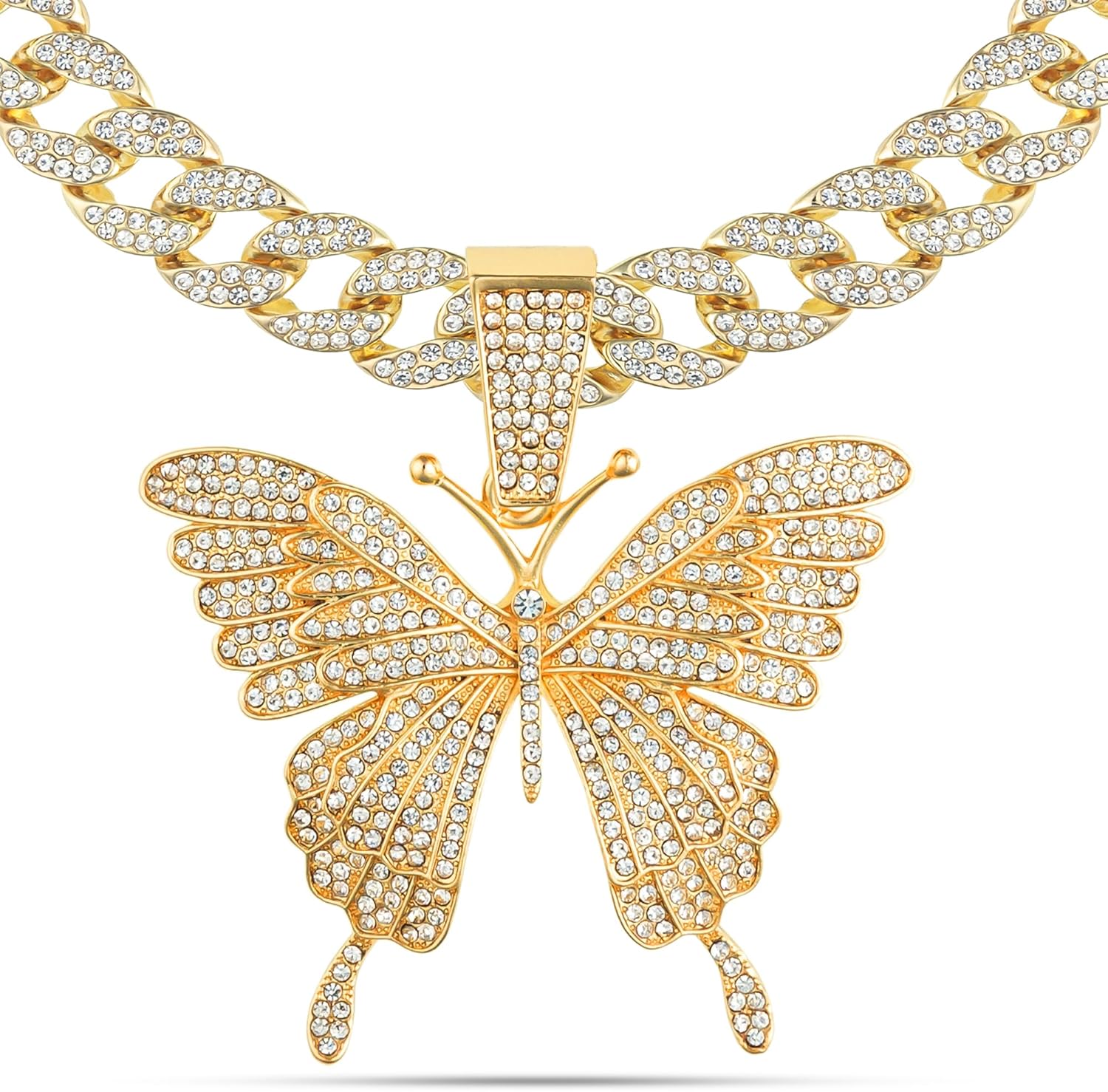Women 14K Gold Silver Plated Pink Butterfly Pendant with Iced Bling Out 5A+ Cubic Zirconia, Layered Cuban Link Necklace, 16 Inch Choker Lab Diamond Jewelry Gift