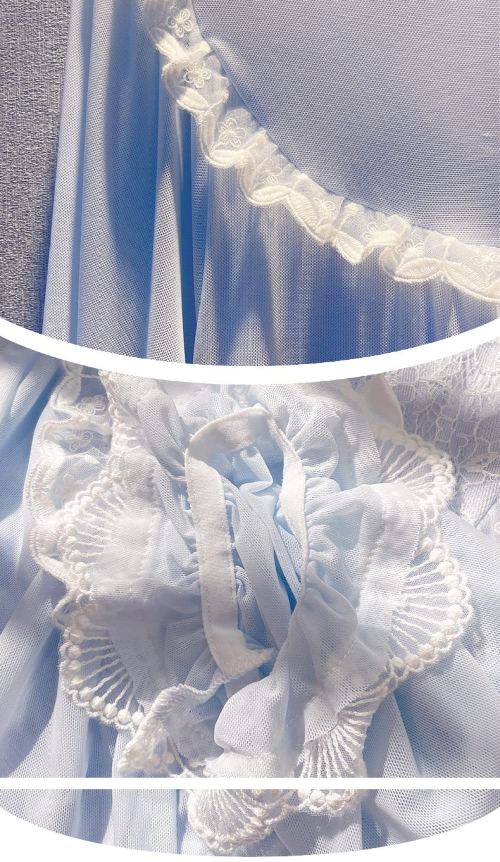 Nachtwäsche Damen,Damen-Nachthemden, Hellblau, Rundhals, Spitze, Rüschen, Schleife, Netz, Elegantes Schlafhemd, Weiches, Bequemes, Lange Ärmel, Nachthemd, Loungewear Für Damen, Mädchen, Pyjama-