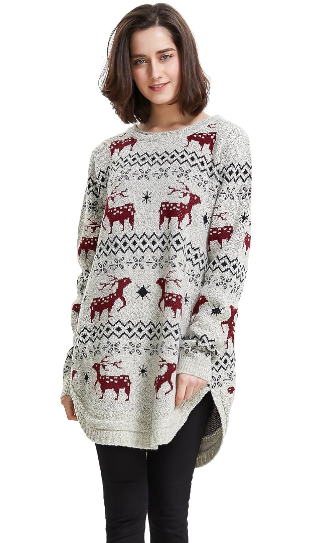 Shineflow Womens Reindeer Snowflake Midi Christmas Pullover Sweater Jumper