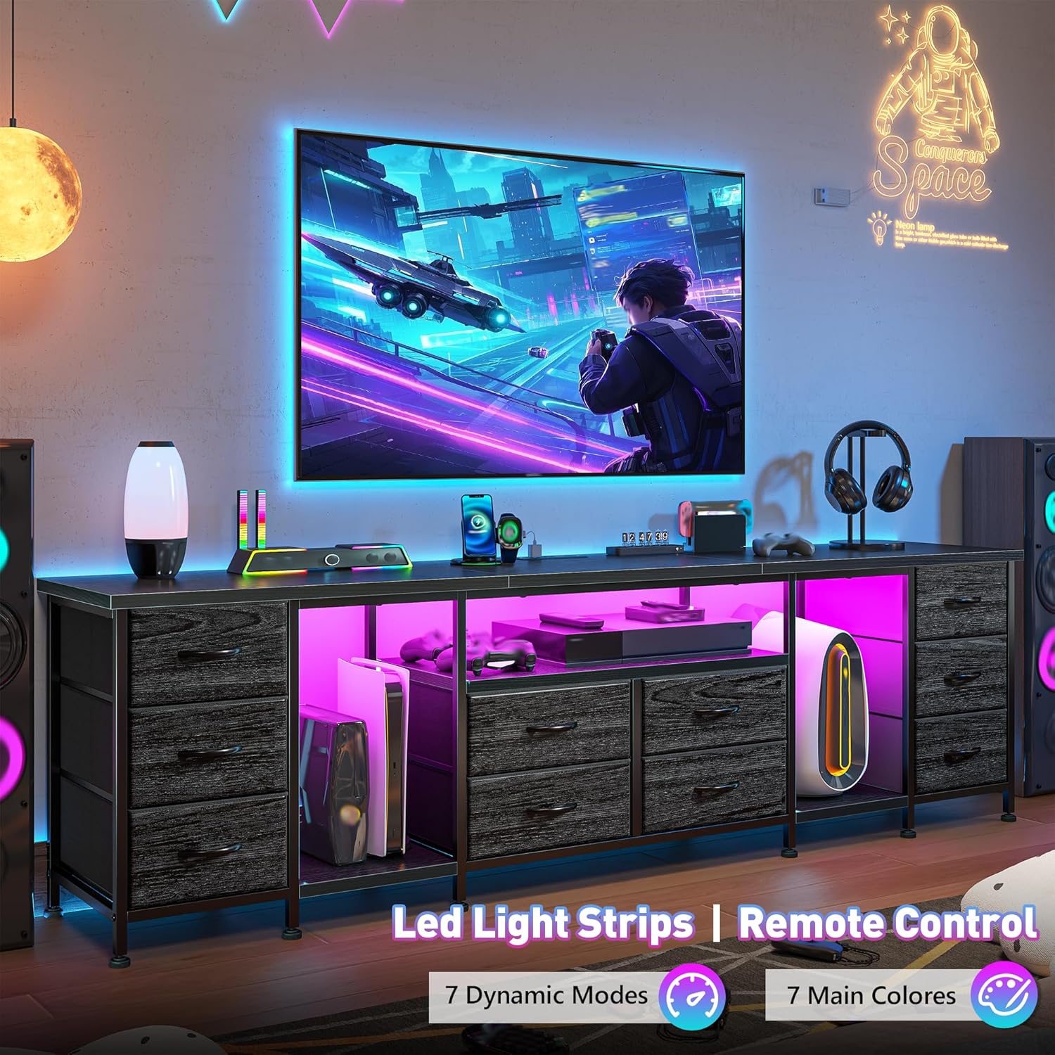 EnHomee 75, 80, 85 Inch TV Stand with 10 Fabric Drawers, 75.5" W Entertainment Center with LED Lights & Power Outlets, TV Stands for Living Room, Bedroom, Black - Image 5