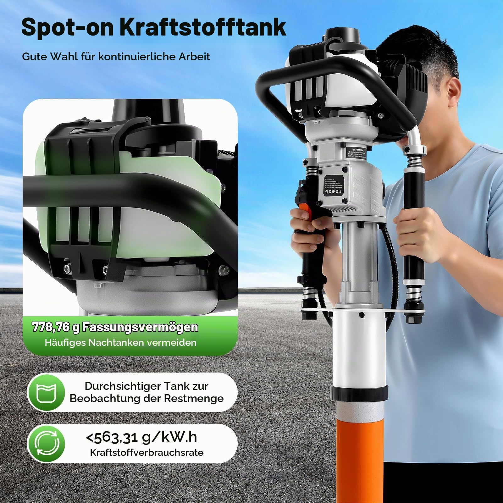 Benzin Pfahlramme, 1200W 37.7CC 4-Takt Rammen RammgeräT Stapeltreiber, 8500RPM Gasbetriebener T-Pfostentreiber HandgefüHrte Ramme FüR Gartenbau, Zaunbau, Bauwesen